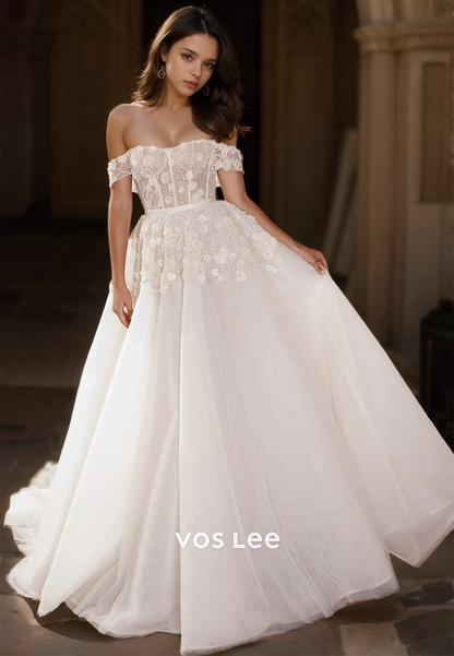 Graceful Off Shoulder A-Line Sleeveless Beaded Lace Appliques Tulle Wedding Gown