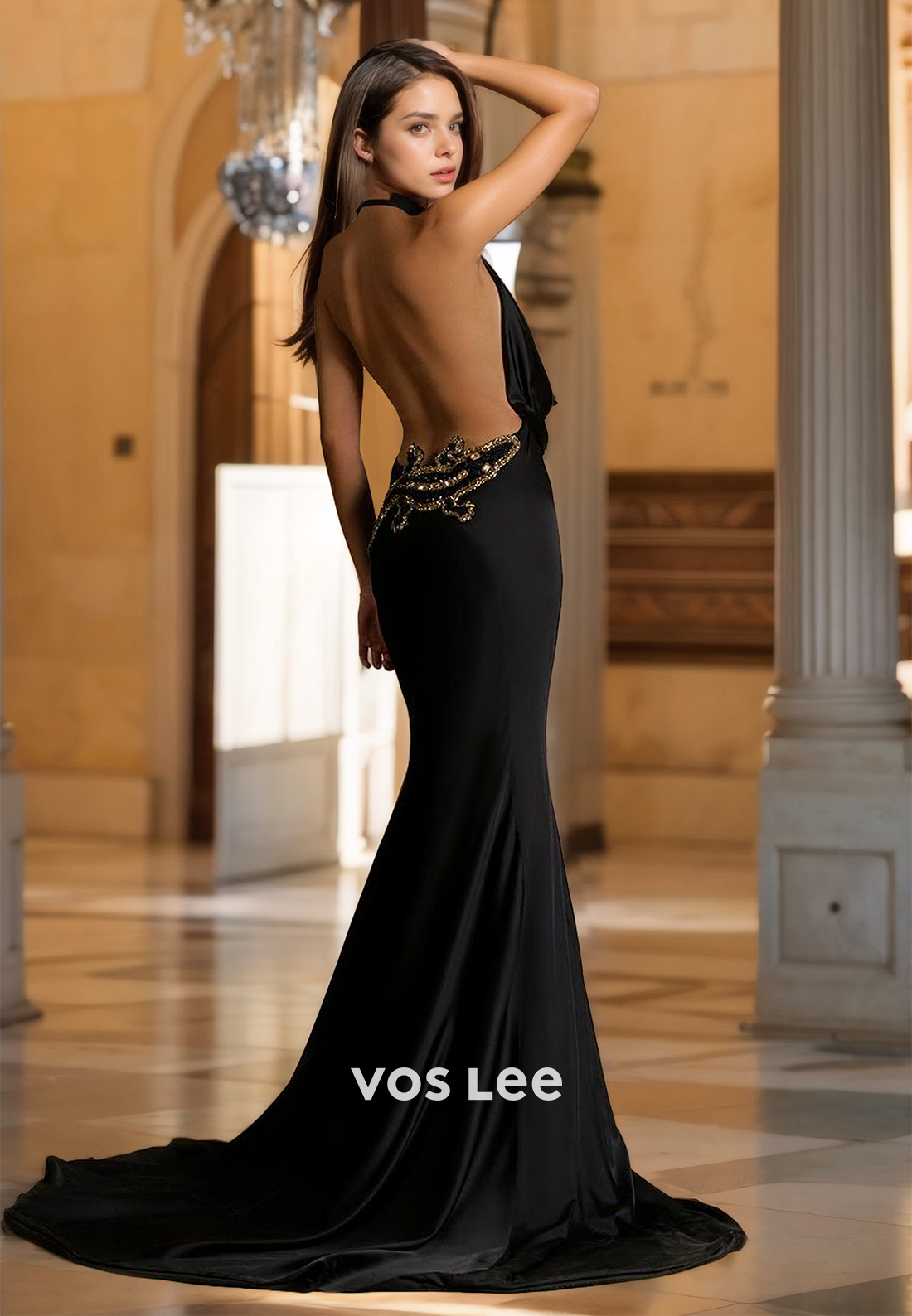 Mermaid Sexy Halter Deep V Neck Backless Sweep Train Satin Prom Party Dress