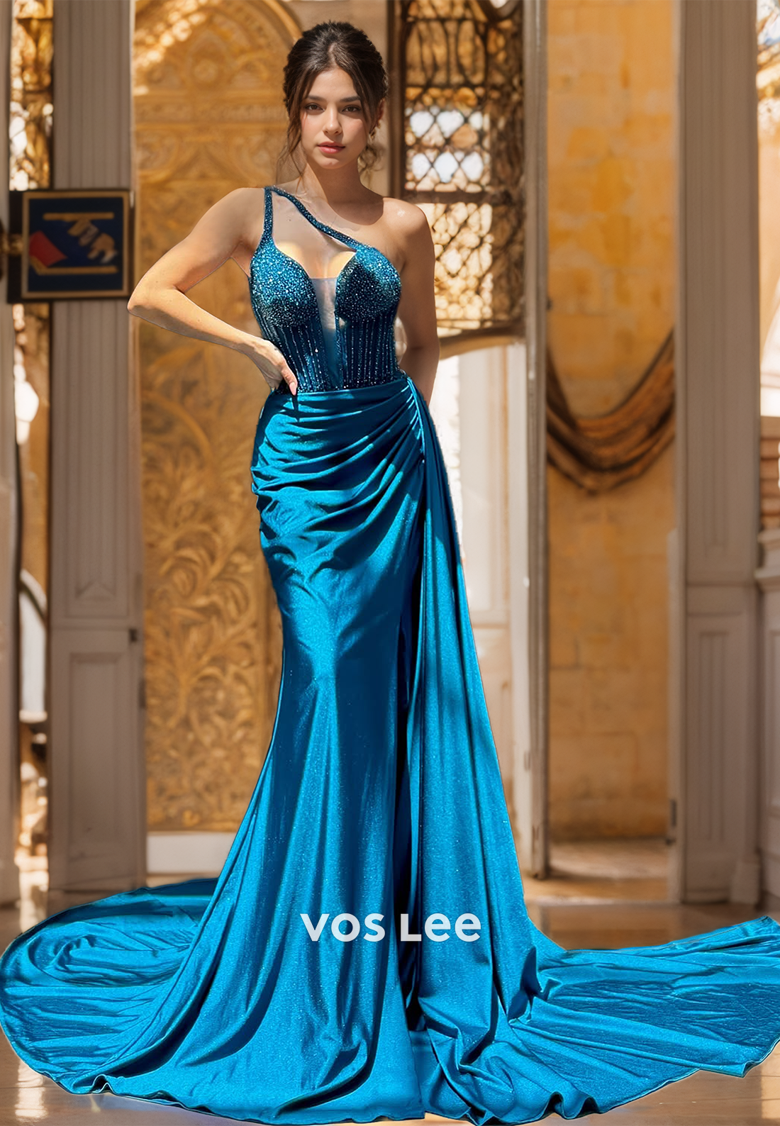 Elegant One Shoulder Column Sweep Train Draped Sequins Satin Prom Formal Dress