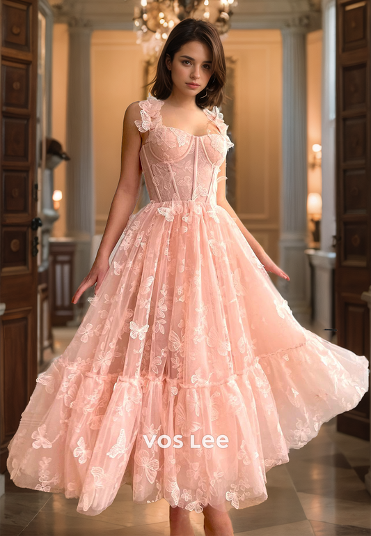 Gorgeous A-Line V Neck Spaghetti Straps Lace Appliques Tea Length Tulle Prom Formal Dress