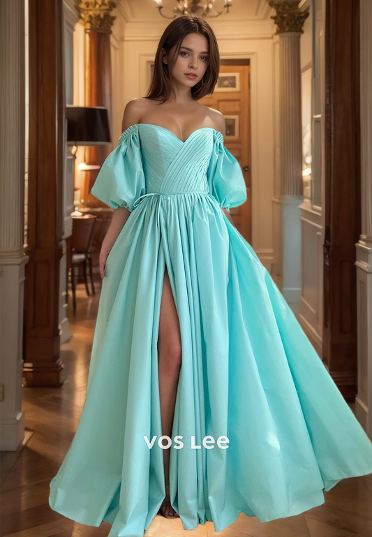 Elegant A-Line Off Shoulder Puff Sleeves Ruched Back Zipper Satin Prom Formal Dress with Split