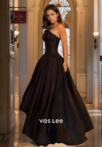 Simple A-Line Strapless Tea Length Black Pleated Sleeveless Back Zipper Satin Prom Formal Dress