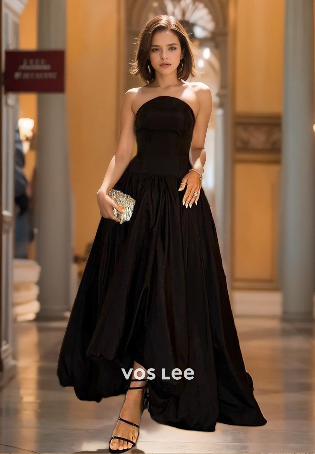 Simple A-Line Strapless Tea Length Black Pleated Sleeveless Back Zipper Satin Prom Formal Dress