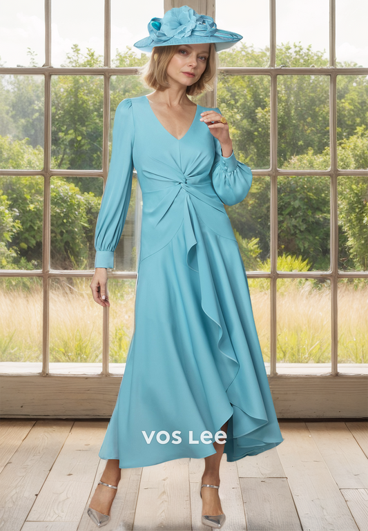 Graceful A-Line V Neck Tea Length Draped Satin Mother of the Evening Dress