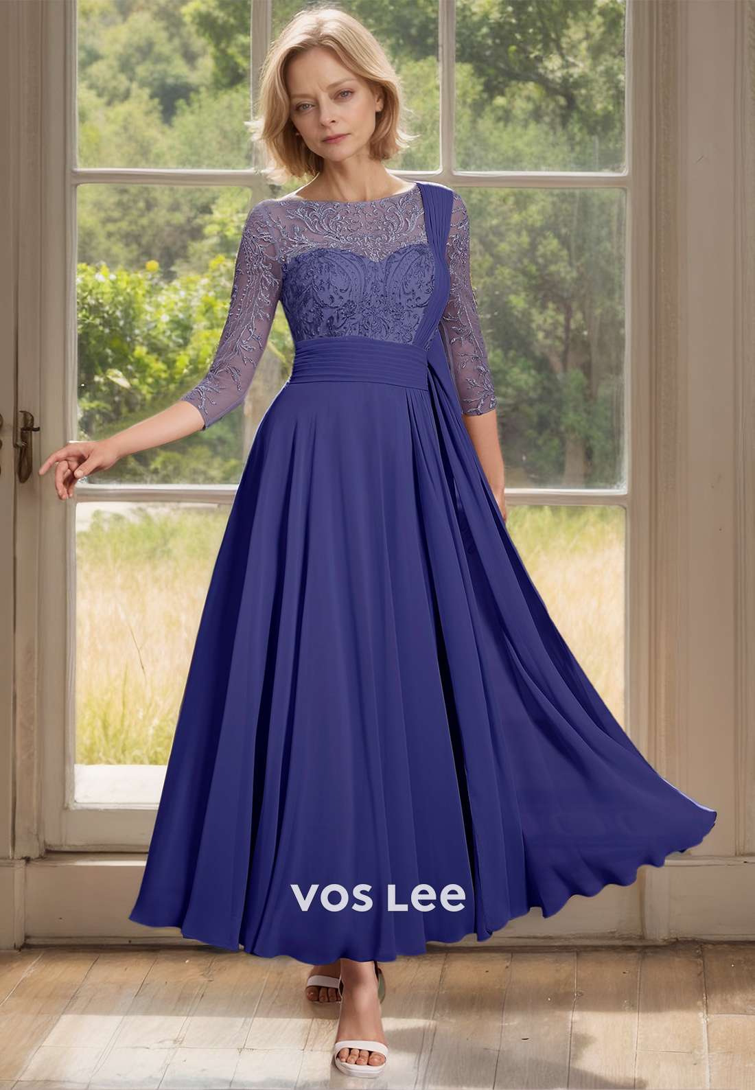 Elegant A-Line Bateau Back Zipper Tea Length Pleated Moth of the Evening Dress