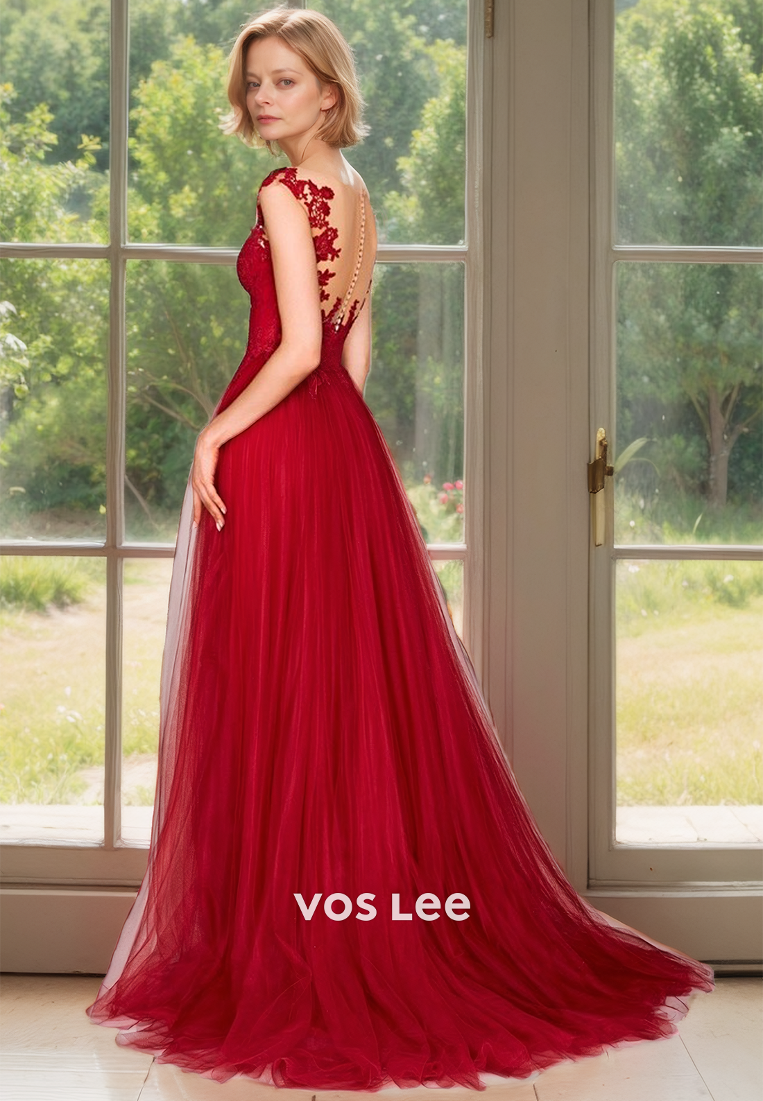 Ornate Red A-Line V Neck High Split Lace Appliques Tulle Mother of the Bride Dress