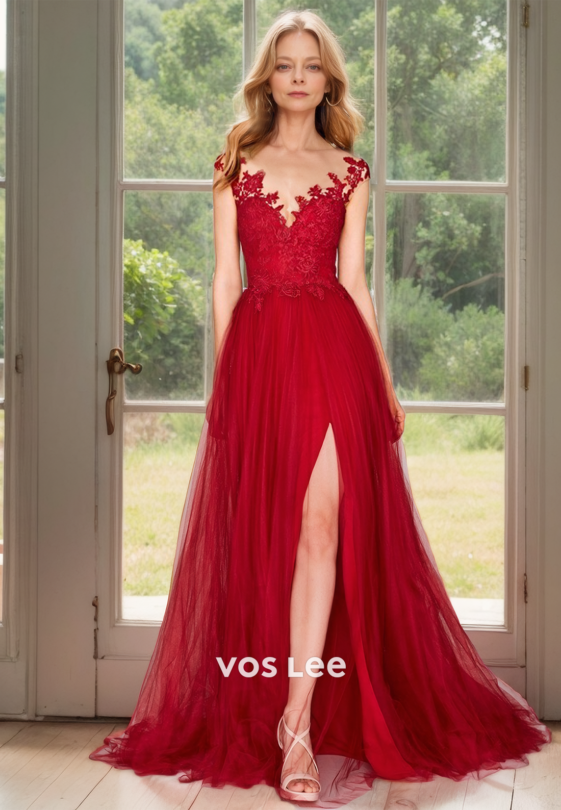 Ornate Red A-Line V Neck High Split Lace Appliques Tulle Mother of the Bride Dress