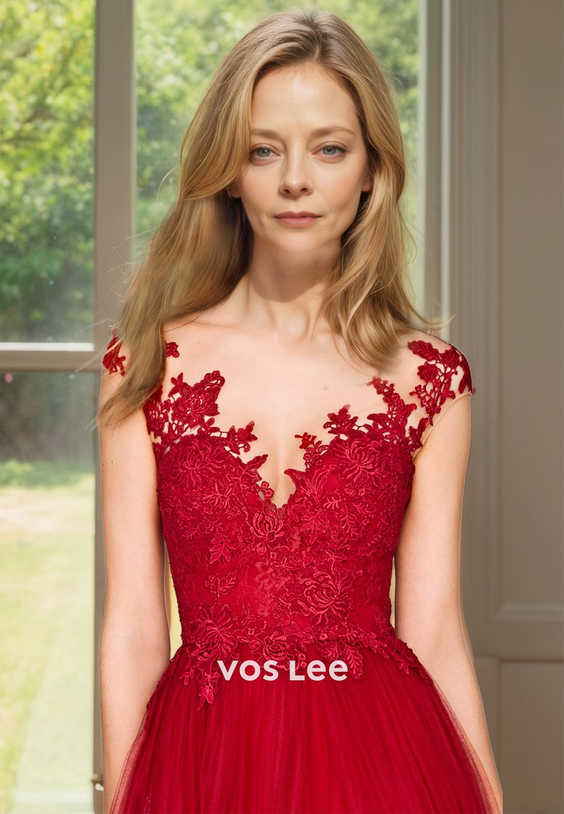 Ornate Red A-Line V Neck High Split Lace Appliques Tulle Mother of the Bride Dress