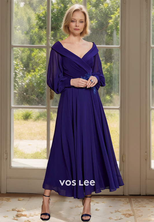 Classy A-Line V Neck Long Sleeves Tea Length Pleated Mother of the Evening Dress