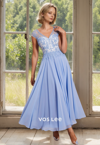 Vintage V Neck Cap Sleeves A-Line Tea Length Pleated Mother of the Formal Dress