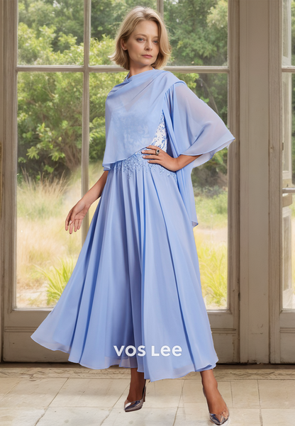Vintage V Neck Cap Sleeves A-Line Tea Length Pleated Mother of the Formal Dress