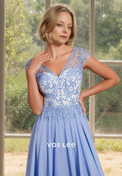 Vintage V Neck Cap Sleeves A-Line Tea Length Pleated Mother of the Formal Dress
