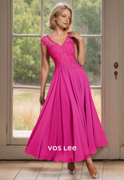 Vintage V Neck Cap Sleeves A-Line Tea Length Pleated Mother of the Formal Dress