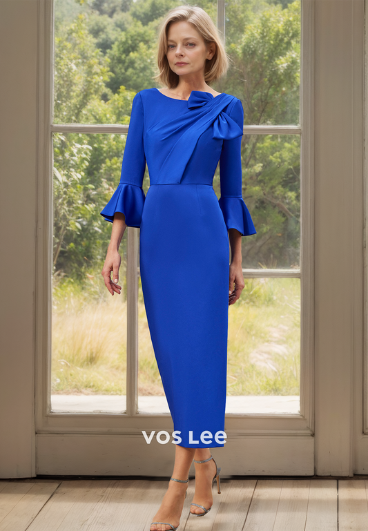 Sheath Royal Blue Scoop Neck Long Sleeves Ruched Satin Mother of the Formal Dress