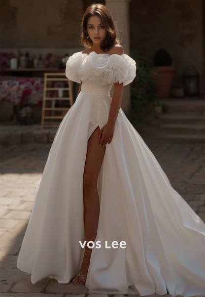 Unique Off Shoulder A-Line High Split Sleeveless Tulle Ruched Satin Wedding Gown