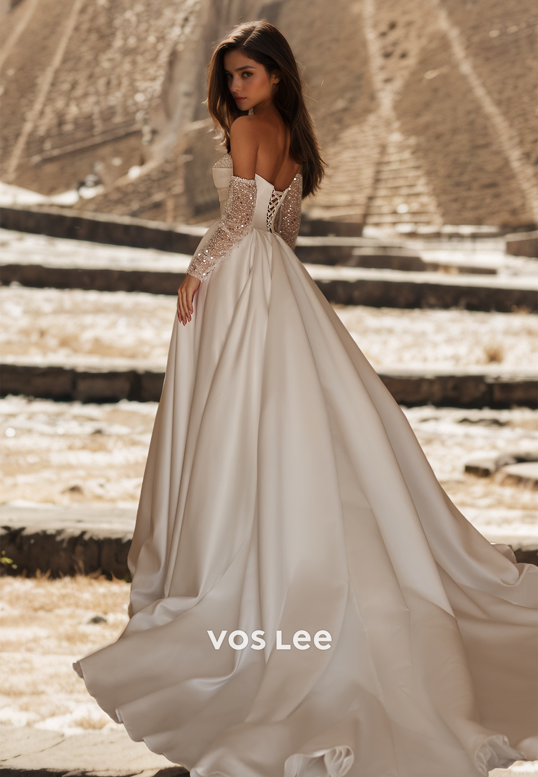 Modest Sweetheart A-Line Long Sleeves Lace Up Sequins Pleated Court Train Wedding Gown