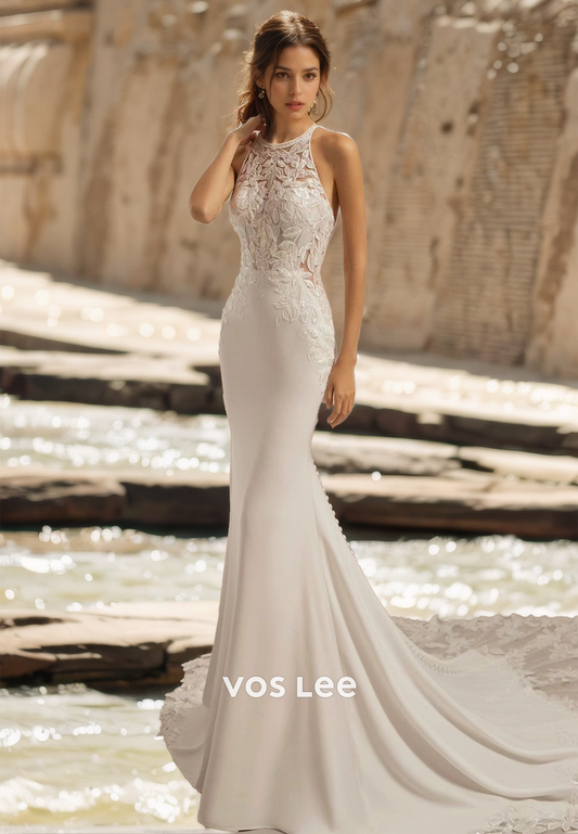 Sexy Mermaid Halter Lace Appliques Lace Up Court Train Ruched Satin Wedding Dress