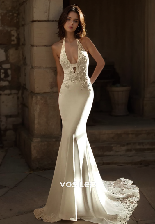 Sexy Deep V Neck Column Court Train Backless Mermaid Lace Appliques Satin Wedding Dress