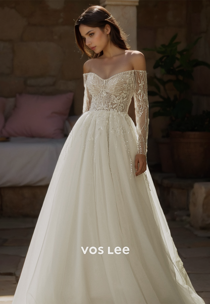 Ornate Off Shoulder A-Line Long Sleeves Pleated Lace Appliques Sequins Tulle Wedding Gown