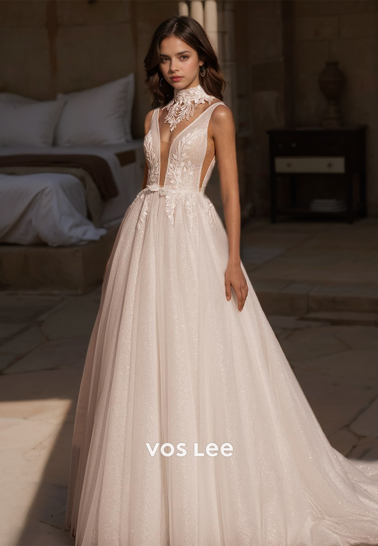 Unique Deep V Neck Illusion A-Line Sleeveless Lace Appliques Sequins Pleated Tulle Wedding Dress