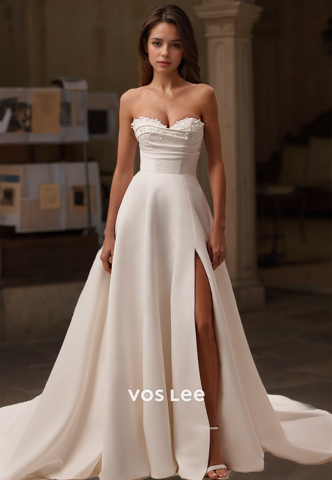 Elegant A-Line Sweetheart Sleeveless Side Split Back Zipper Draped Court Train Satin Wedding Dress