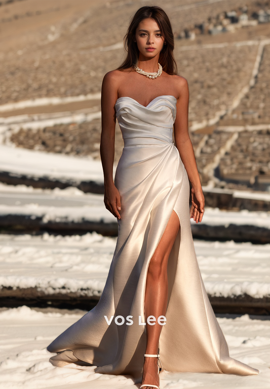 Modest Sweetheart Sheath Sleeveless Side Split Ruched Zipper Sweep Train Satin Wedding Gown