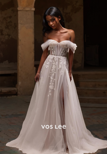 Charming A-Line Off Shoulder Backless Court Train Lace Appliques Tulle Wedding Dress with Split