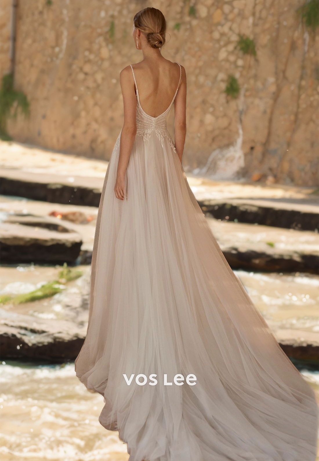 Unique Spaghetti Straps V Neck A-Line Backless Lace Appliques High Split Tulle Wedding Bride Dress