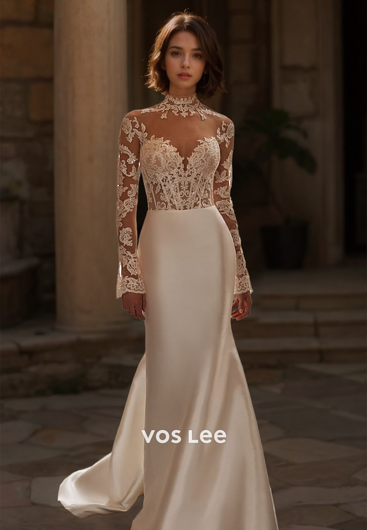 Gorgeous V Neck Illusion Sheath Long Sleeves Lace Appliques Back Zipper Satin Wedding Dress