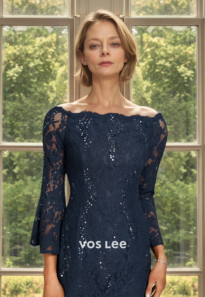 Luxury Column Bateau Long Sleeves Sequins Knee Length Mother of the Evening Dress