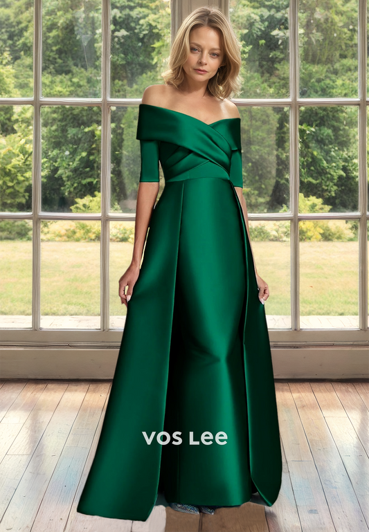 Simple A-Line Dark Green Off Shoulder Back Zipper Satin Mother of the Evening Dress