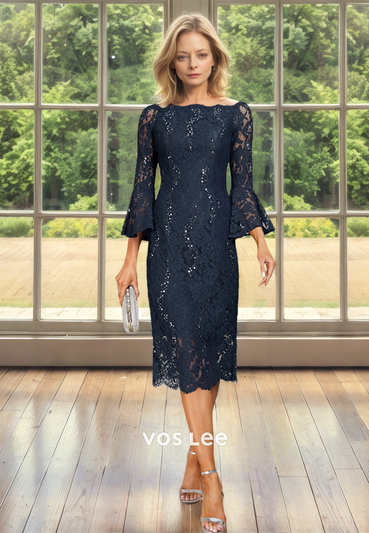 Luxury Column Bateau Long Sleeves Sequins Knee Length Mother of the Evening Dress