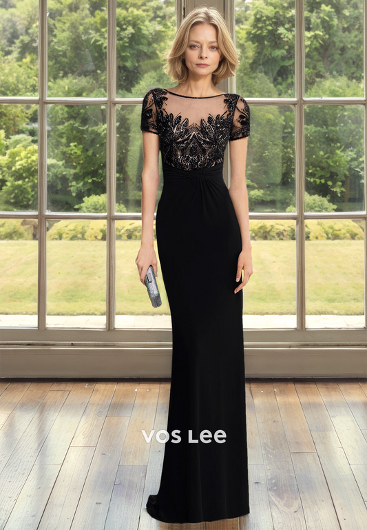 Mermaid Black Bateau Short Sleeves Lace Appliques Satin Mother of the Evening Dress