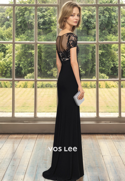 Mermaid Black Bateau Short Sleeves Lace Appliques Satin Mother of the Evening Dress