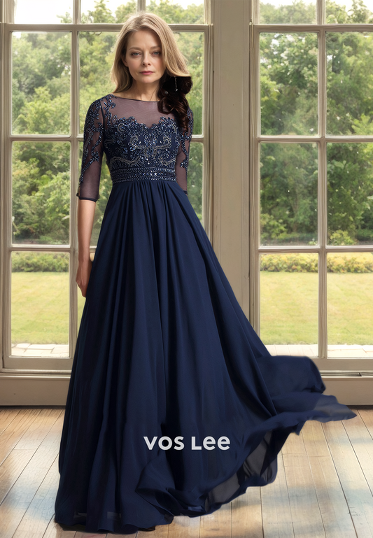 Ornate A-Line Bateau Half Sleeves Illusion Pleated Floor Length Mother of the Formal Dress