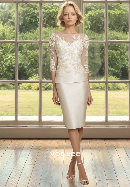 Bateau Sheath Half Sleeves Knee Length Lace Appliques Mother of the Formal Dress