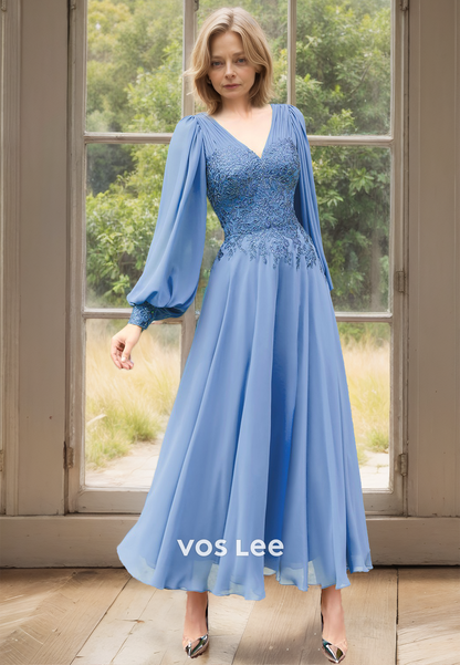 Ornate A-Line V Neck Lace Appliques Tea Length Pleated Mother of the Formal Dress