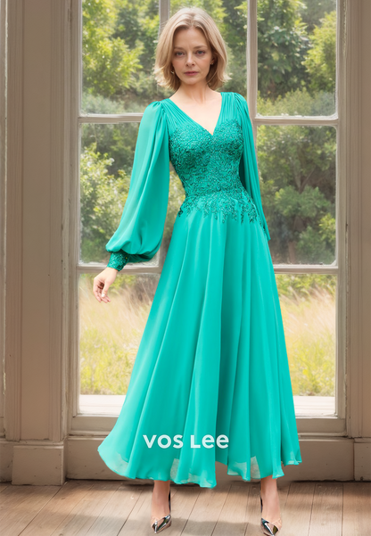 Ornate A-Line V Neck Lace Appliques Tea Length Pleated Mother of the Formal Dress
