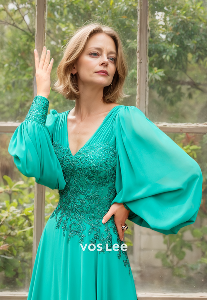 Ornate A-Line V Neck Lace Appliques Tea Length Pleated Mother of the Formal Dress