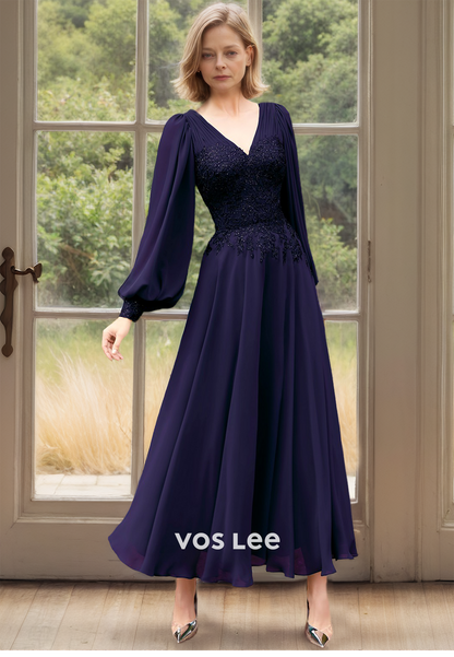 Ornate A-Line V Neck Lace Appliques Tea Length Pleated Mother of the Formal Dress
