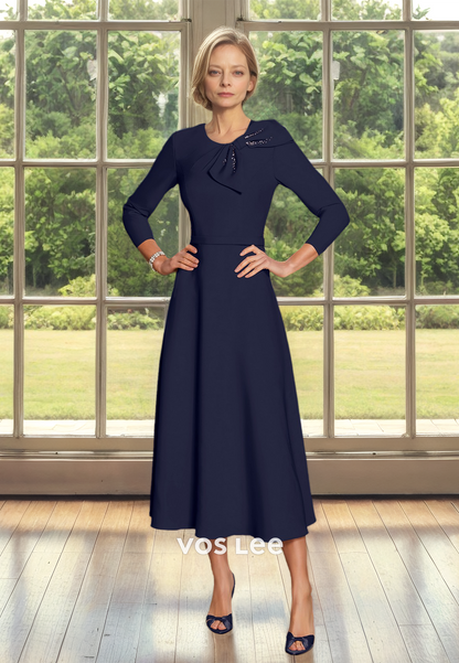 Charming Scoop Neck Long Sleeves Bow Tea Length Ruched Mother of the Bride Dress
