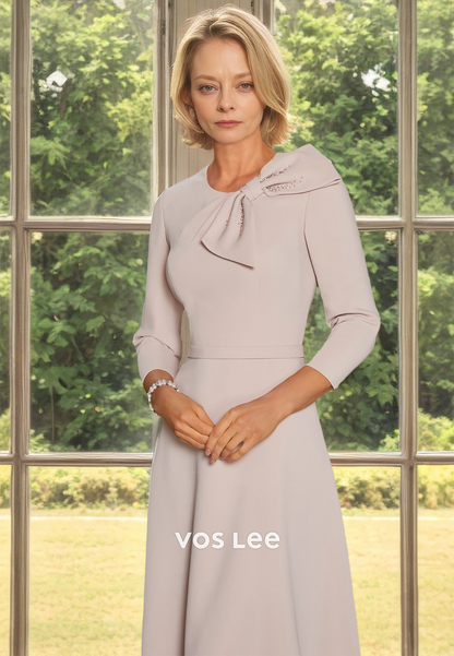 Charming Scoop Neck Long Sleeves Bow Tea Length Ruched Mother of the Bride Dress