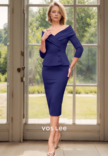 Modest Sheath Off Shoulder Long Sleeves Knee Length Mother of the Bride Dress