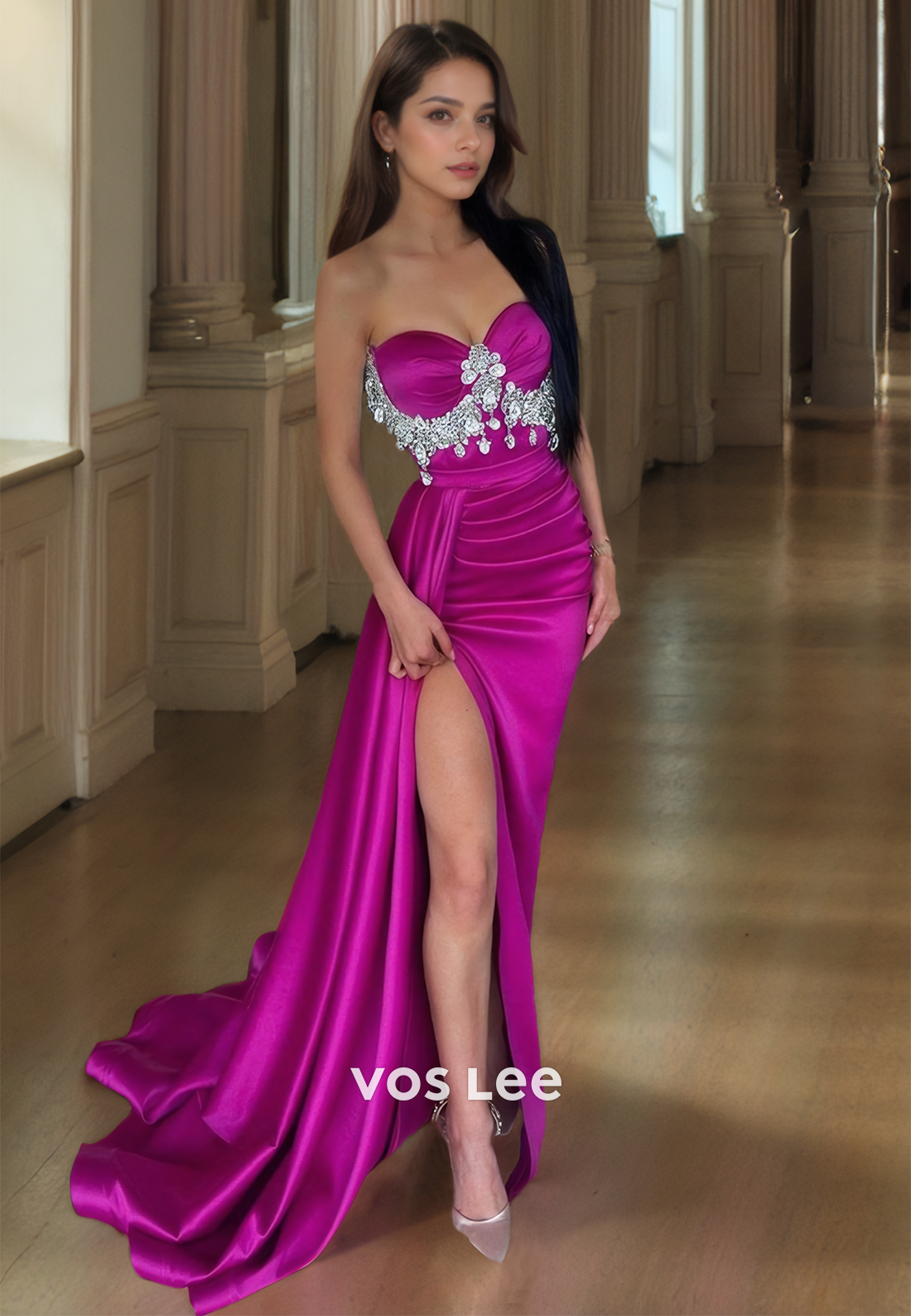 Sexy Sheath Sweetheart Back Zipper Sweep Train Beaded Draped Satin Prom Evening Dress with Split