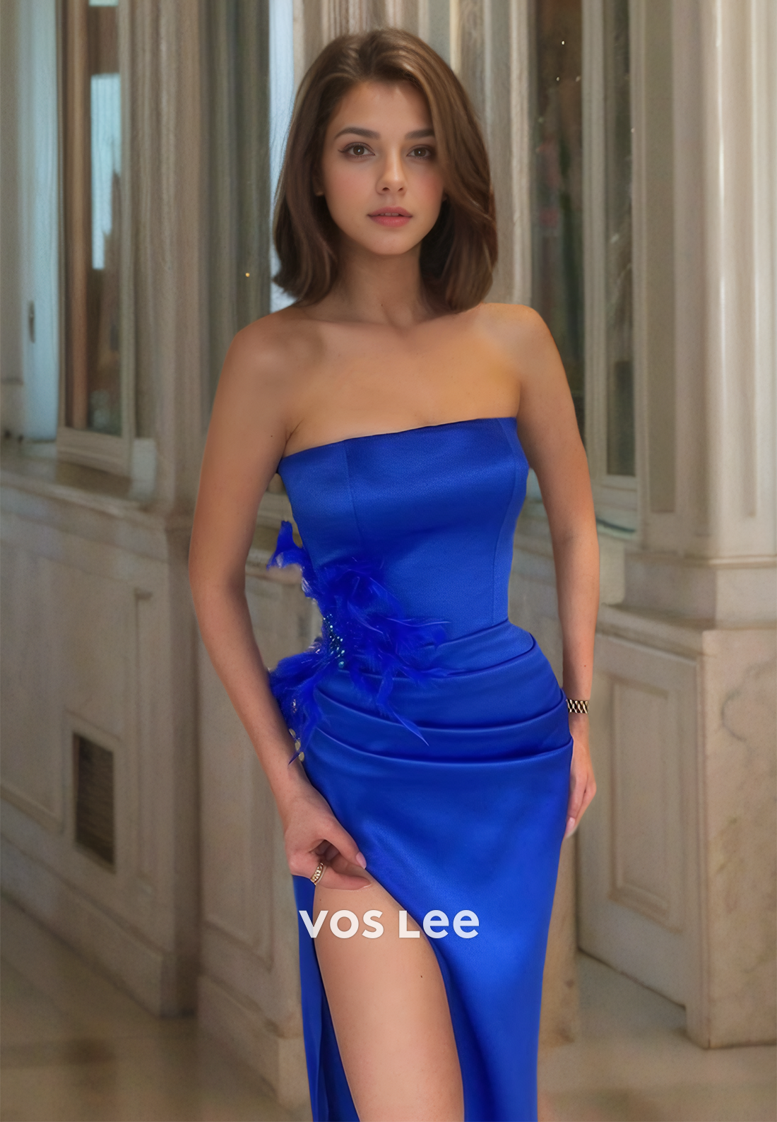 Vintage Strapless Column Royal Blue Back Zipper Feather Draped High Split Satin Prom Party Dress