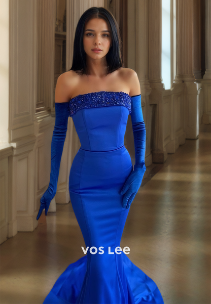 Modest Strapless Sheath Long Sleeves Beaded Sequins Mermaid Royal Blue Satin Prom Formal Dress