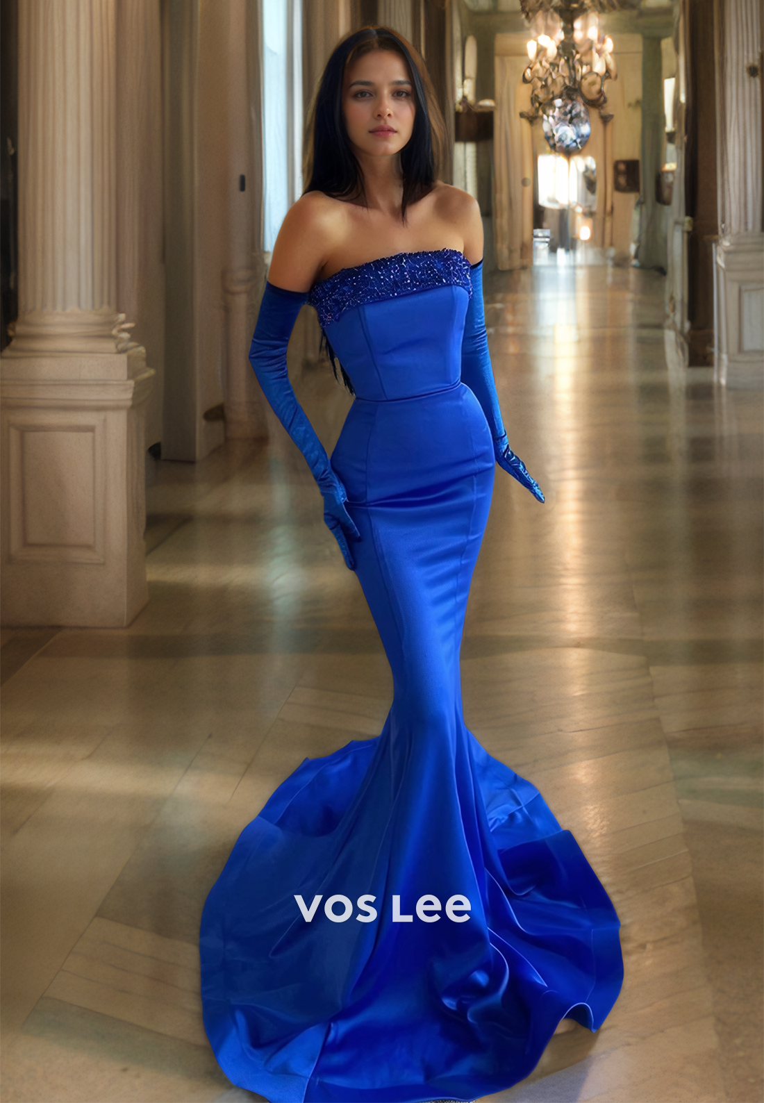 Modest Strapless Sheath Long Sleeves Beaded Sequins Mermaid Royal Blue Satin Prom Formal Dress