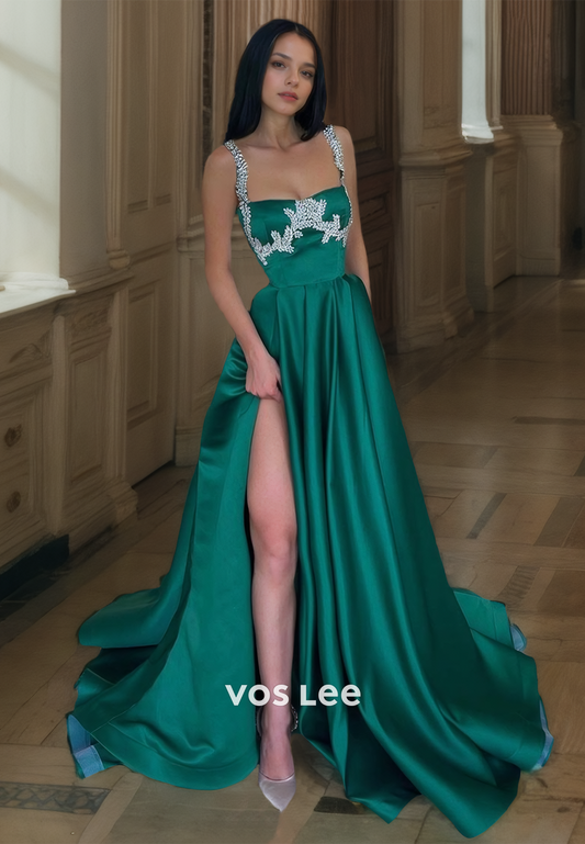 Elegant Square Neck A-Line Spaghetti Straps Pleated Dark Green Sequins Satin Prom Formal Dress with Split