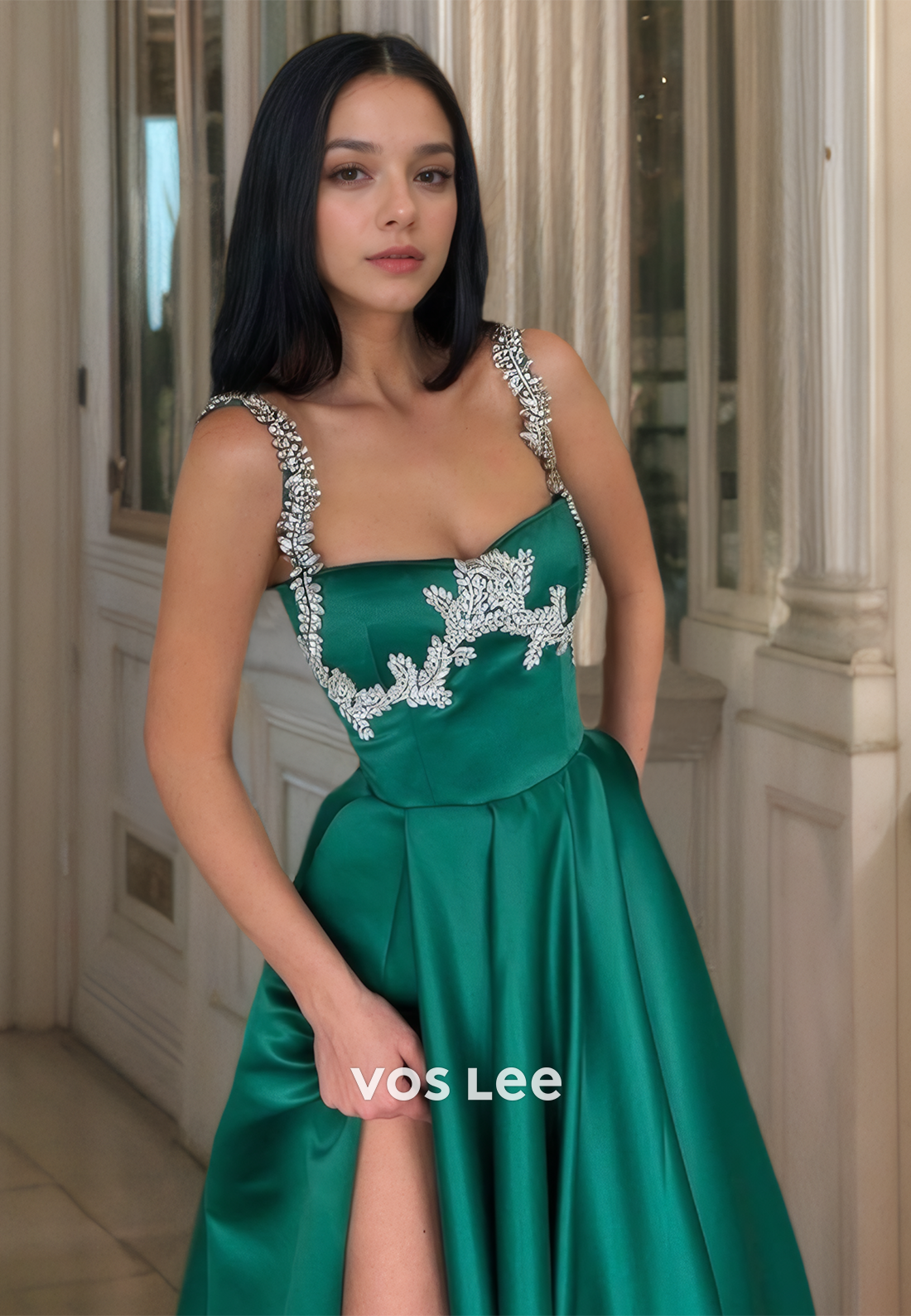 Elegant Square Neck A-Line Spaghetti Straps Pleated Dark Green Sequins Satin Prom Formal Dress with Split