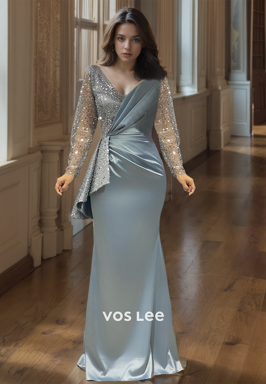 Sparkly Sheath Long Sleeves Illusion V Neck Draped Sequins Sweep Train Satin Prom Evening Dress